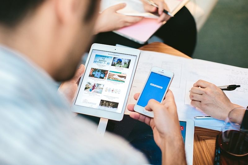 Coursera apps on tablet and mobile.